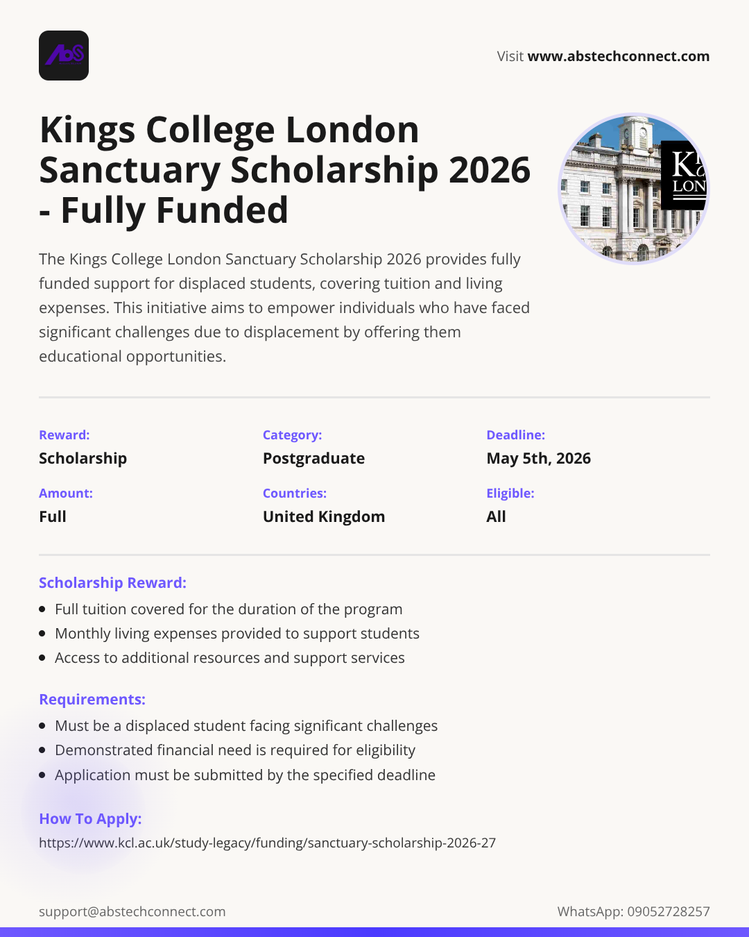 kings college london sanctuary scholarship in uk 2026 | fully funded ...