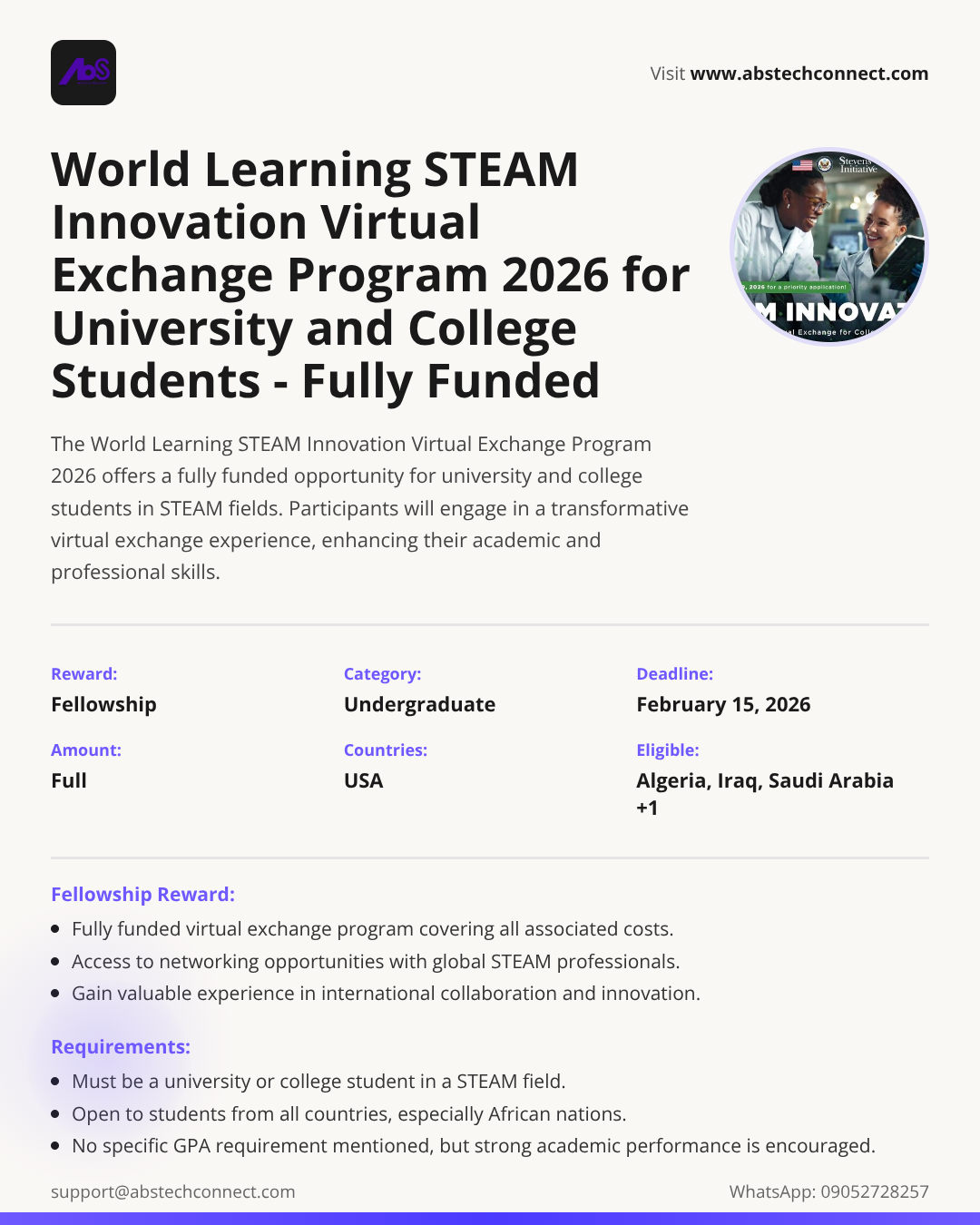 the world learning steam innovation virtual exchange program 2026 for ...