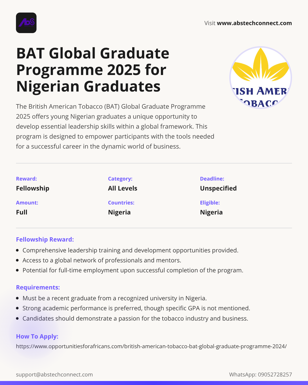 british american tobacco graduate program british american tobacco (bat) global graduate programme 2025 for young  nigerian graduates. – opportunities for africans | AbS