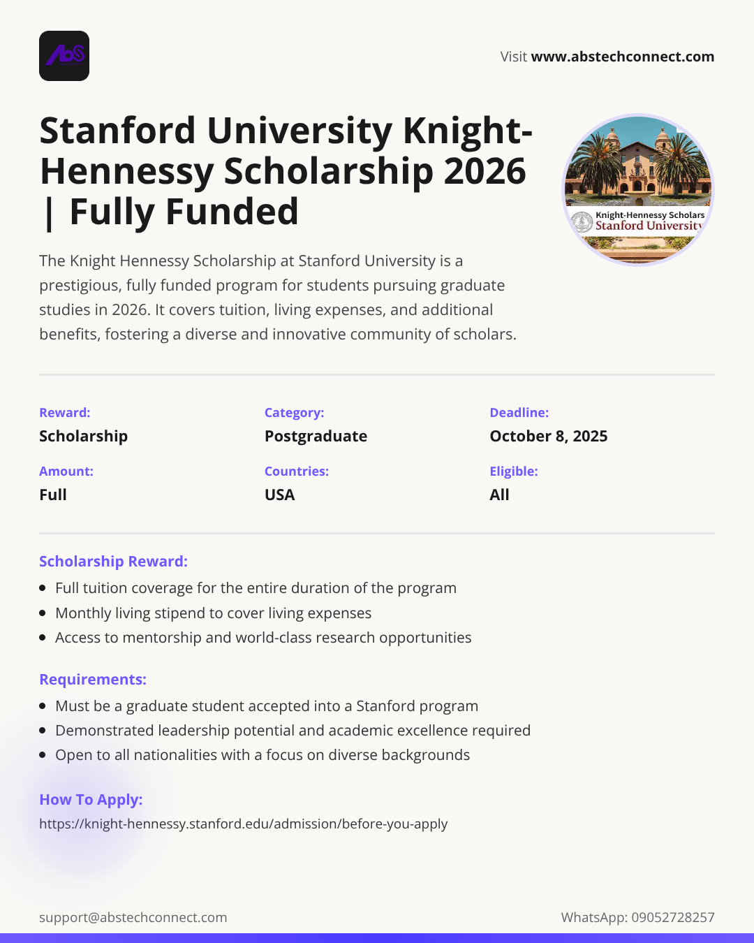 stanford university knight hennessy scholarship in united states 2026 ...