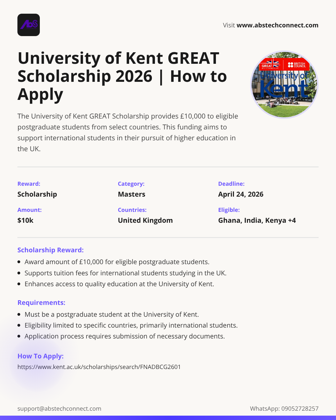 university of kent great scholarship in uk 2026 | how to apply ...