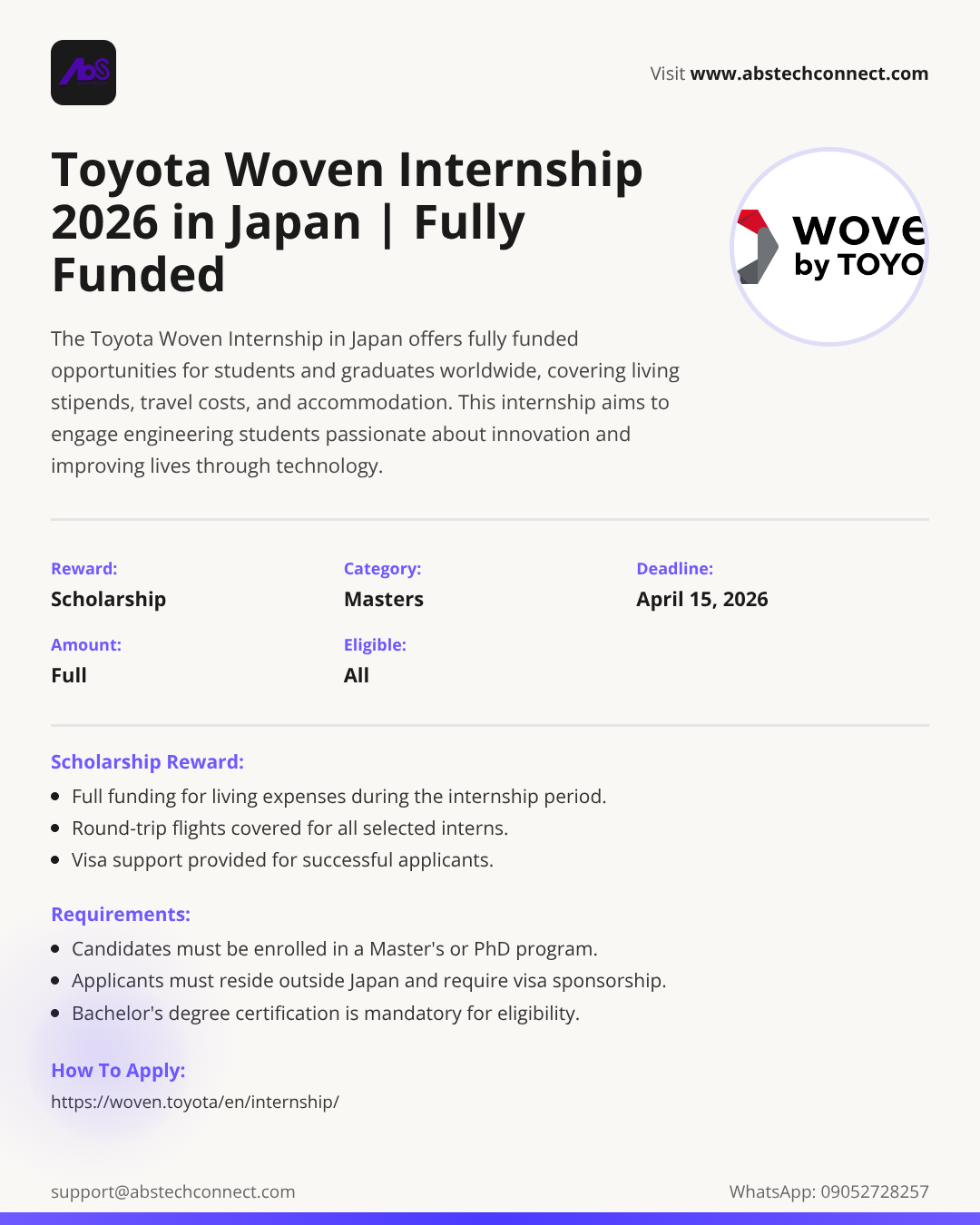 toyota woven internship 2026 in japan | fully funded | AbS | AbS