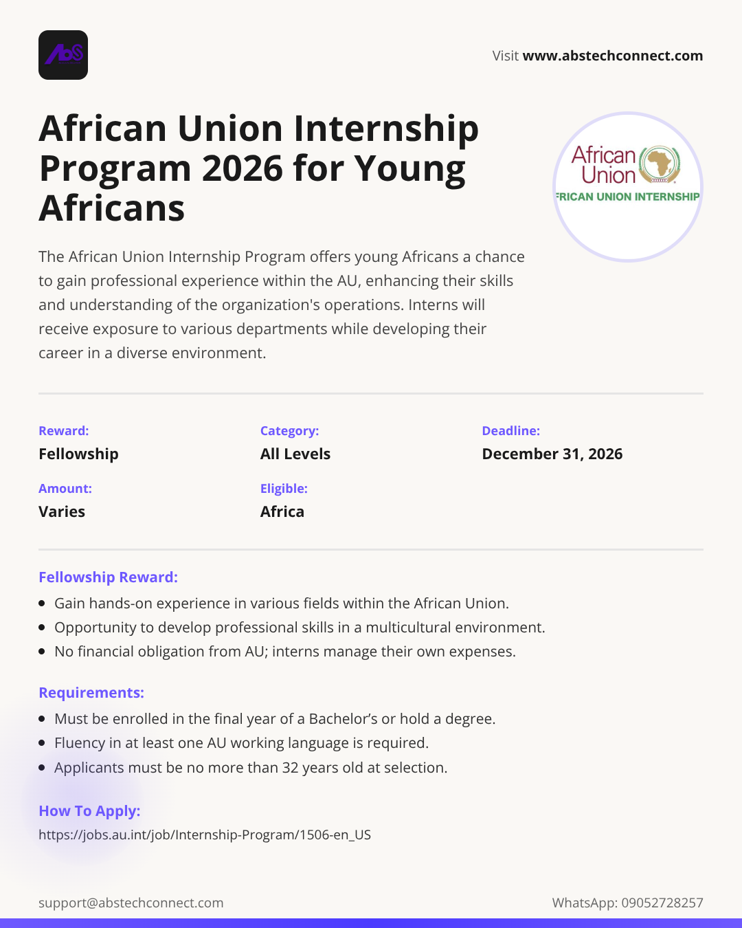 african union internship program 2026 for young africans | AbS | AbS