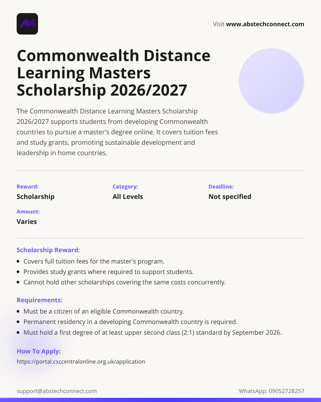 commonwealth distance learning masters scholarship 2026/2027 | AbS | AbS