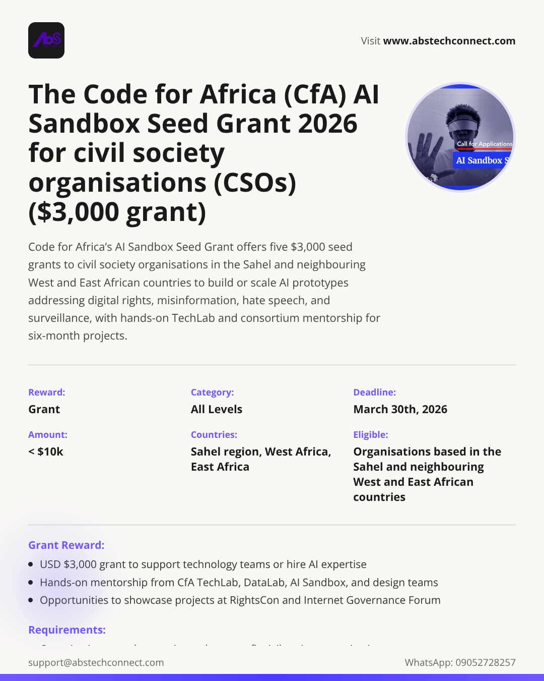 the code for africa (cfa) ai sandbox seed grant 2026 for civil society ...