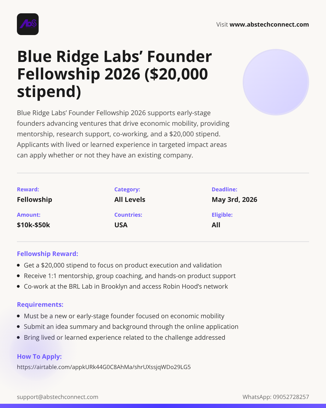 blue ridge labs’ founder fellowship 2026 ($20,000 stipend) | AbS | AbS