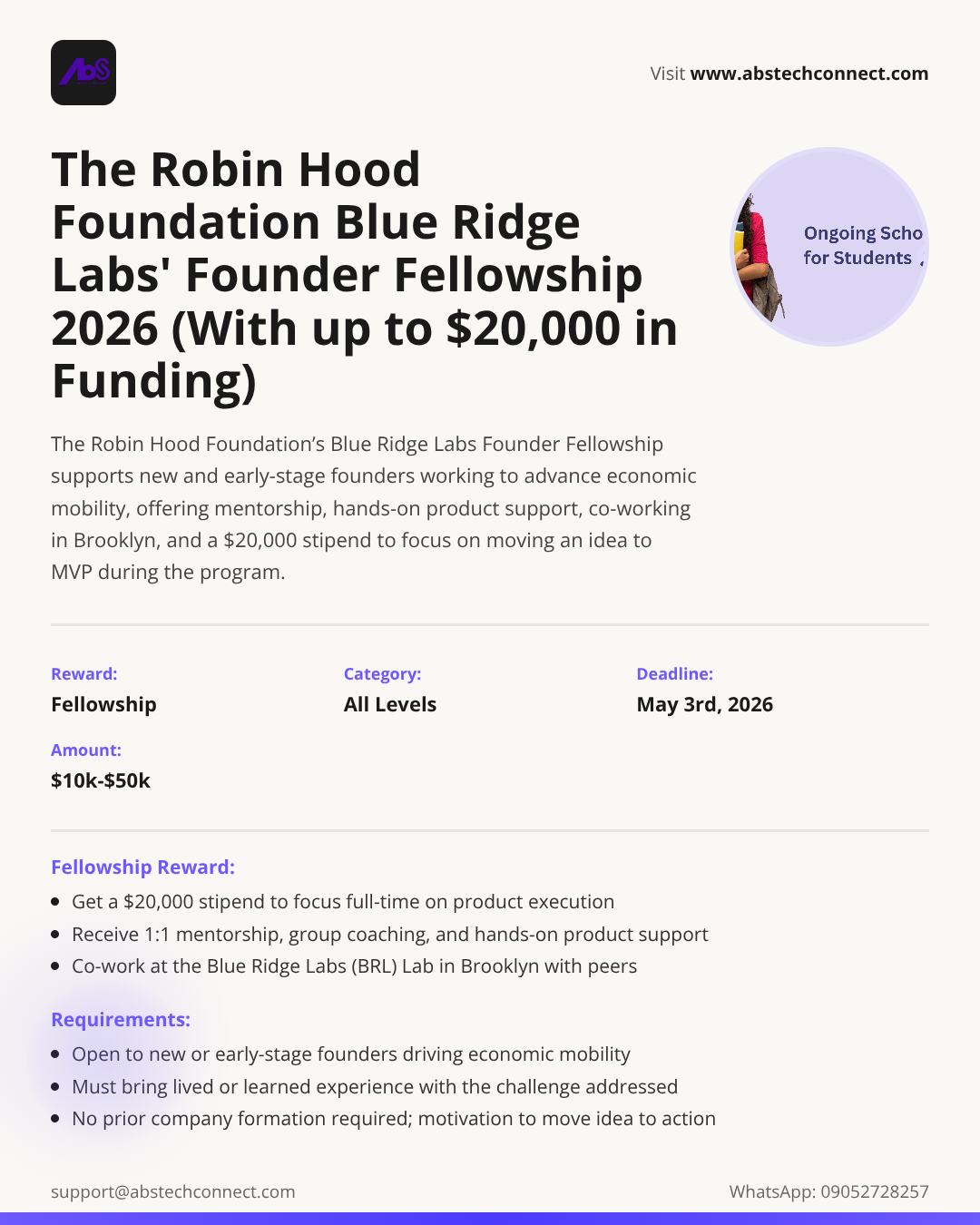 the robin hood foundation blue ridge labs' founder fellowship 2026 ...