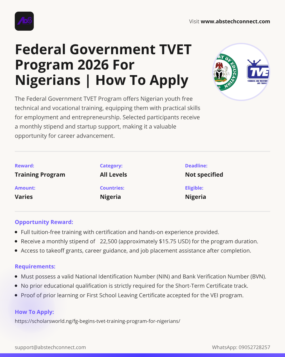federal government tvet program 2026 for nigerians | how to apply | AbS ...