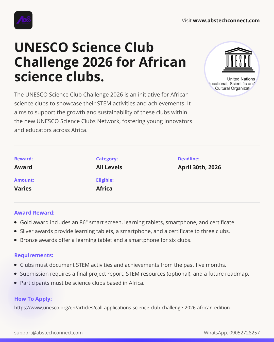 unesco science club challenge 2026 for african science clubs. | AbS | AbS