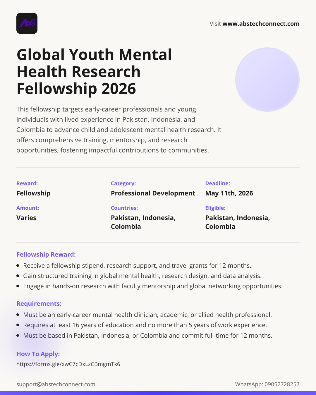 global youth mental health research fellowship 2026 | AbS | AbS