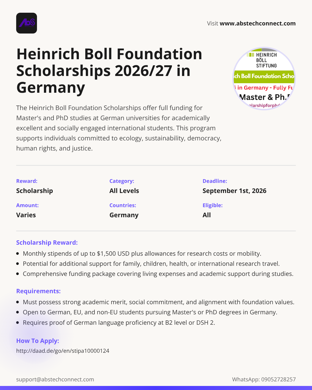 heinrich boll foundation scholarships 2026/27 in germany | AbS | AbS