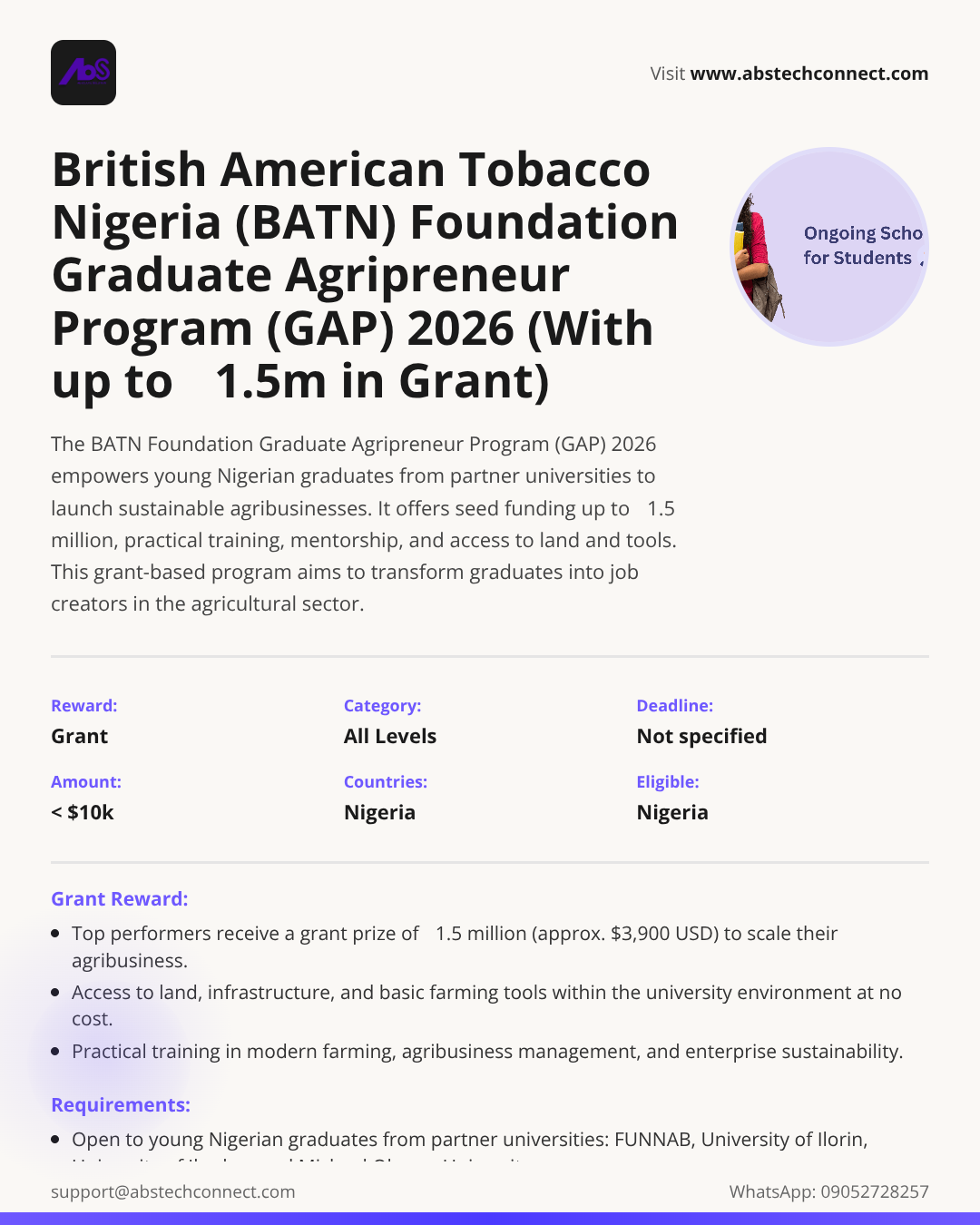british american tobacco grants What if the only thing standing between you and your agribusiness dream wasn't money? The Graduate Agripreneur Program opens tomorrow and 22 million in is on the table. This isn't just Farmers for the Future Grant