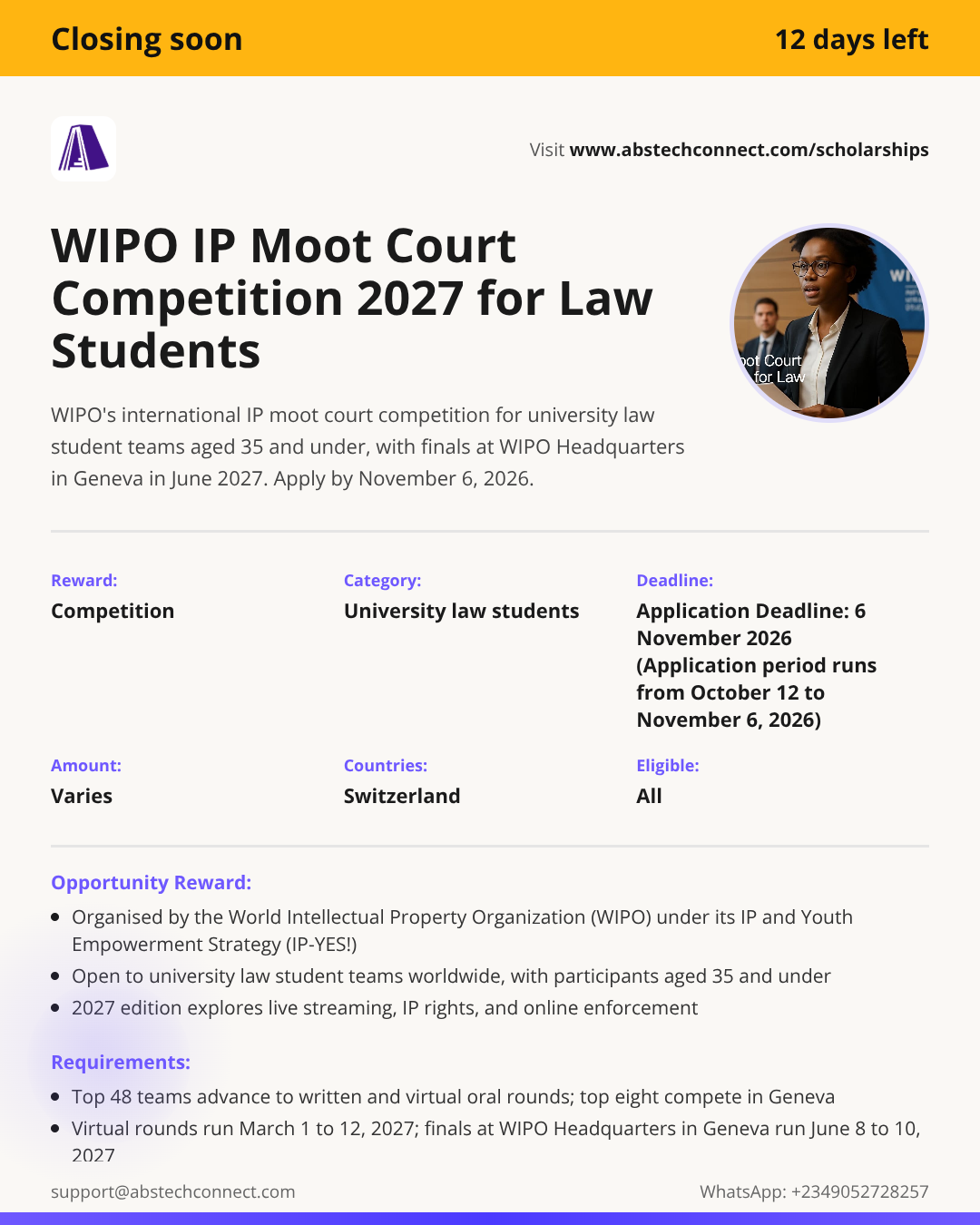 Update Ip's Address WIPO IP Moot Court Competition 2027 for Law Students | AbSApp