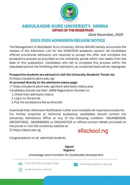 Abdulkadir Kure University Admission List 2025/2026 Released