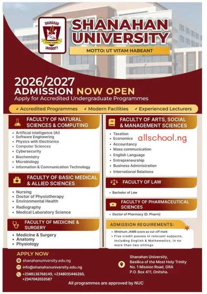 Shanahan University Post UTME Form 2026/2027 Now Available