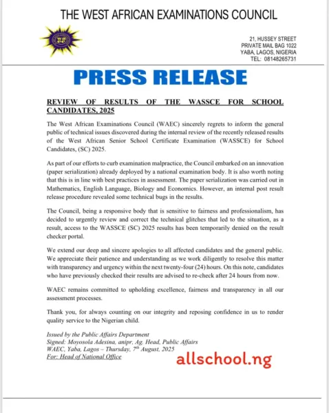 WASSCE 2025: WAEC Reviews Results After Technical Glitch in Four