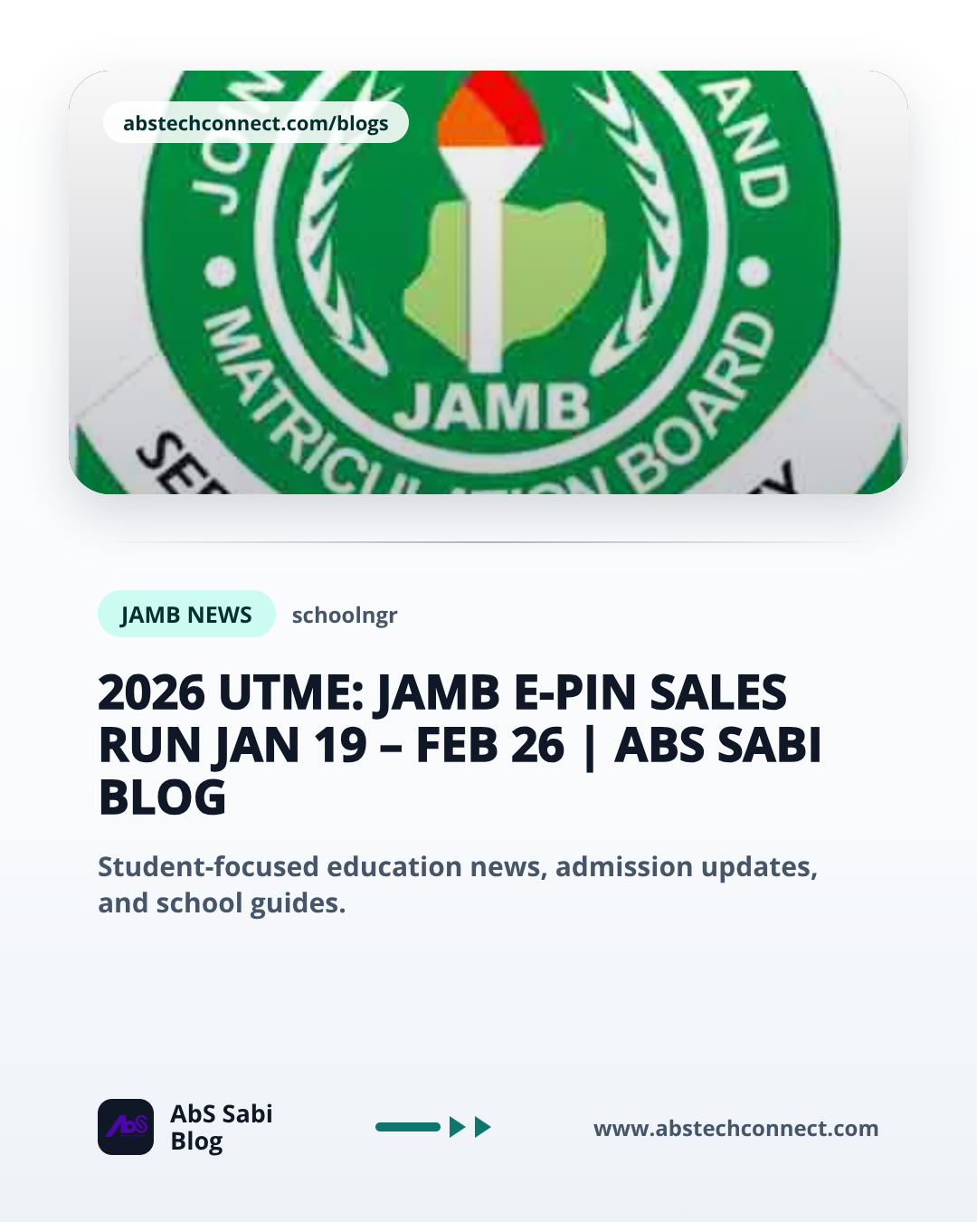 2026 UTME: JAMB e-PIN Sales Run Jan 19 – Feb 26