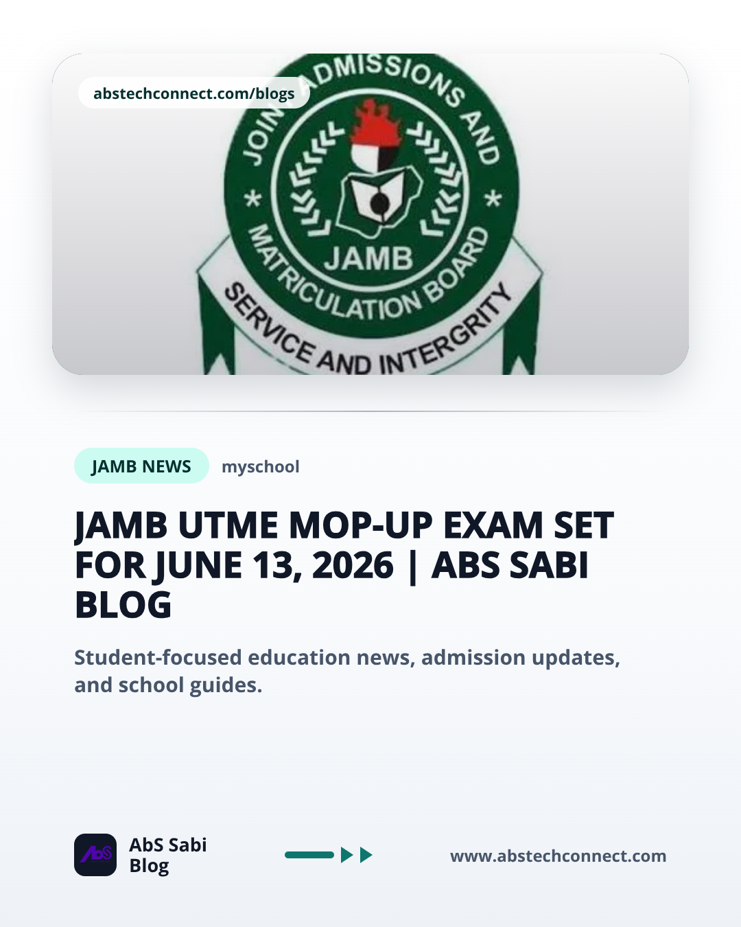 JAMB UTME Mop-Up Exam Set for June 13, 2026