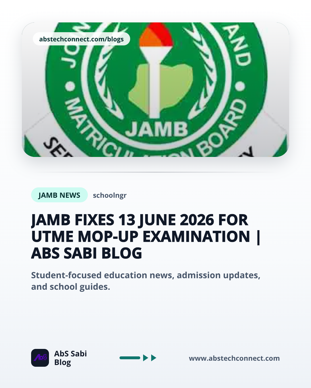 JAMB Fixes 13 June 2026 for UTME Mop-Up Examination