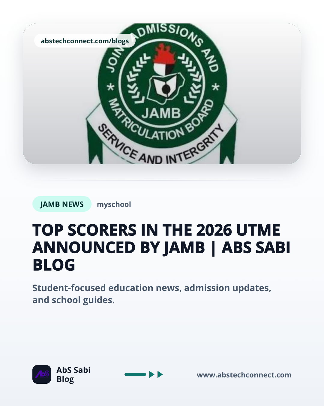 Top Scorers in the 2026 UTME Announced by JAMB