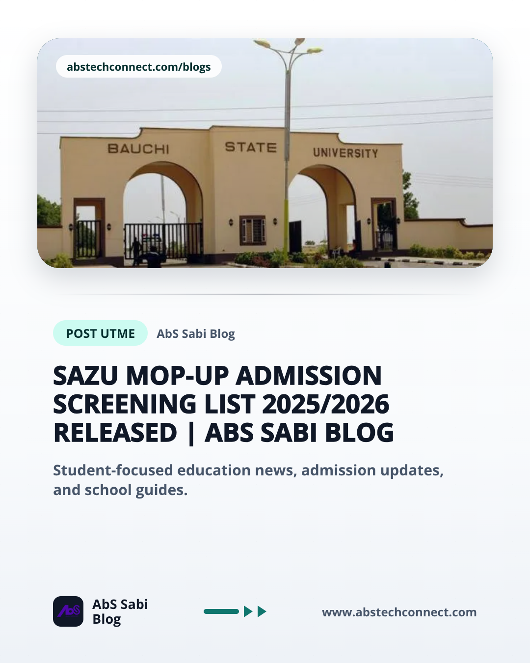 SAZU Mop-Up Admission Screening List 2025/2026 Released