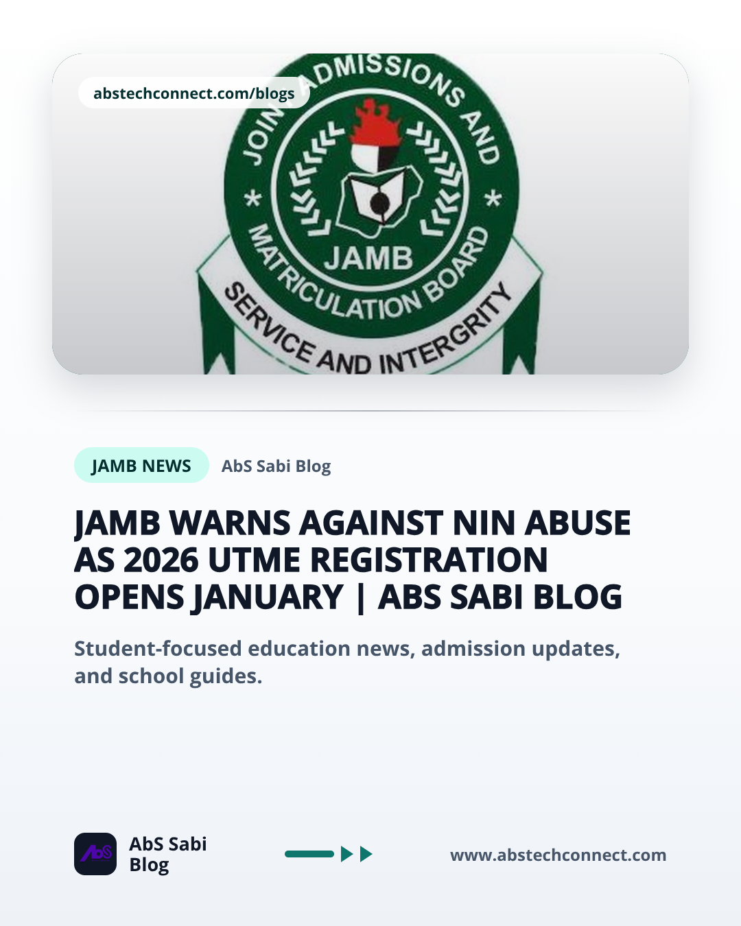 JAMB Warns Against NIN Abuse as 2026 UTME Registration Opens January