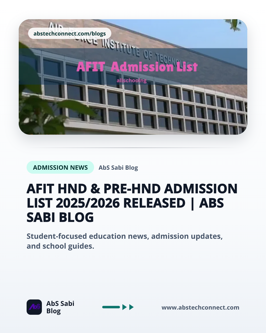 AFIT HND & Pre-HND Admission List 2025/2026 Released