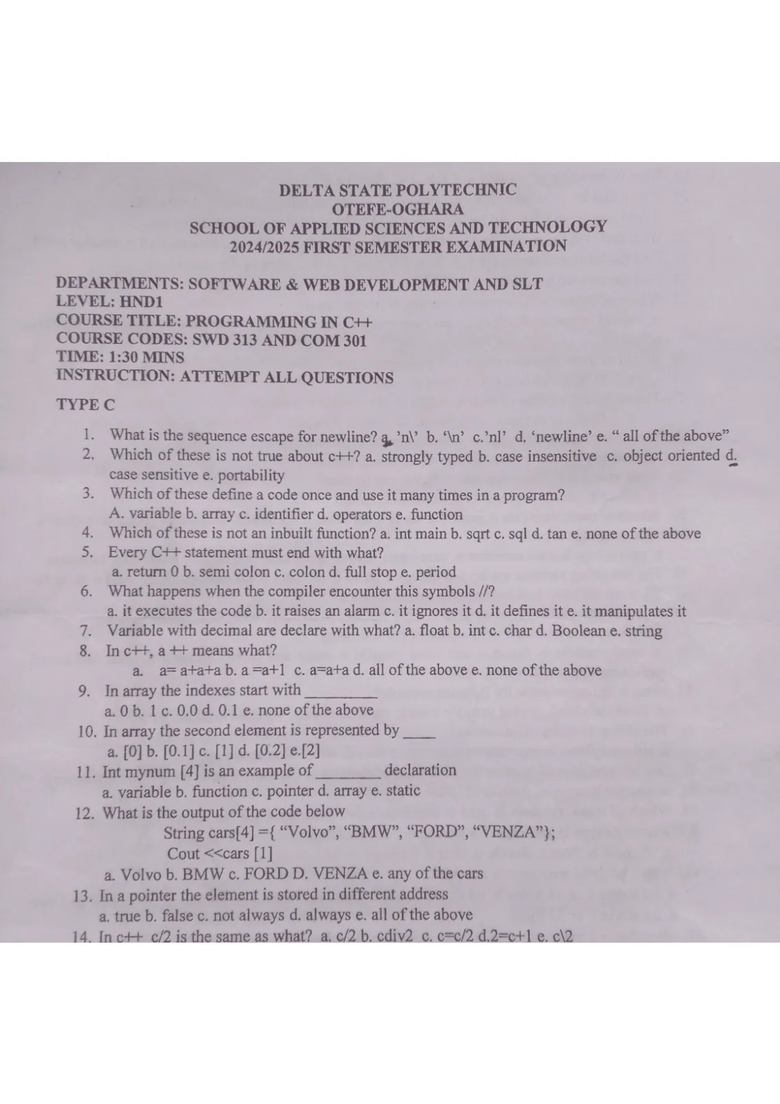 PROGRAMMING IN C++ SWD 313 & COM 301 HND 1 FIRST SEMESTER PAST QUESTION ...