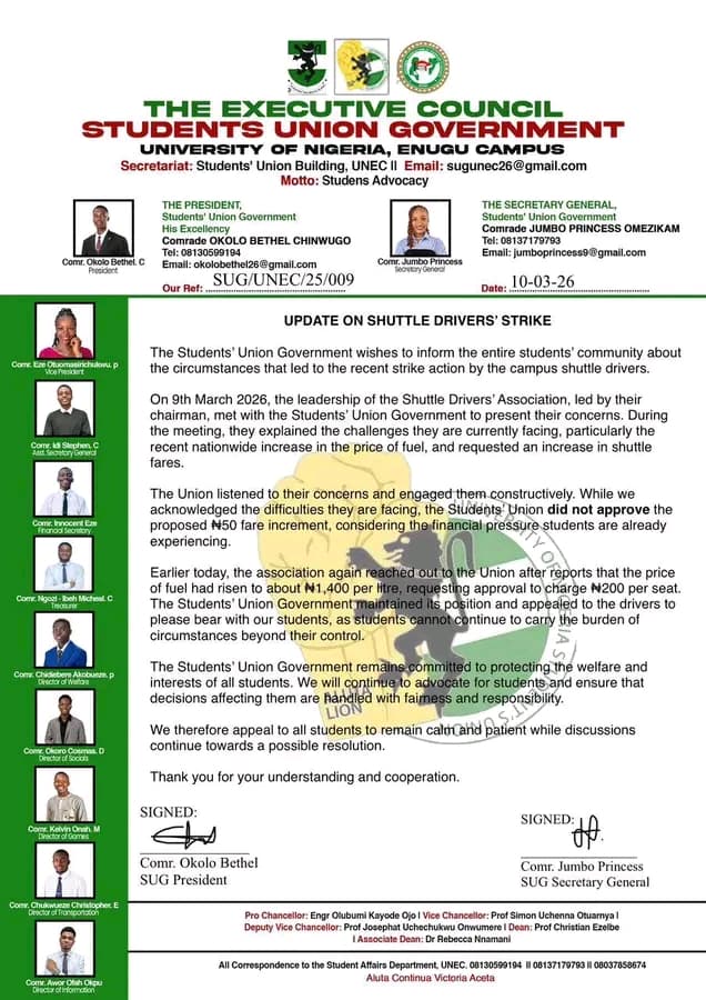 UNN SUG Update on Shuttle Drivers’ Strike